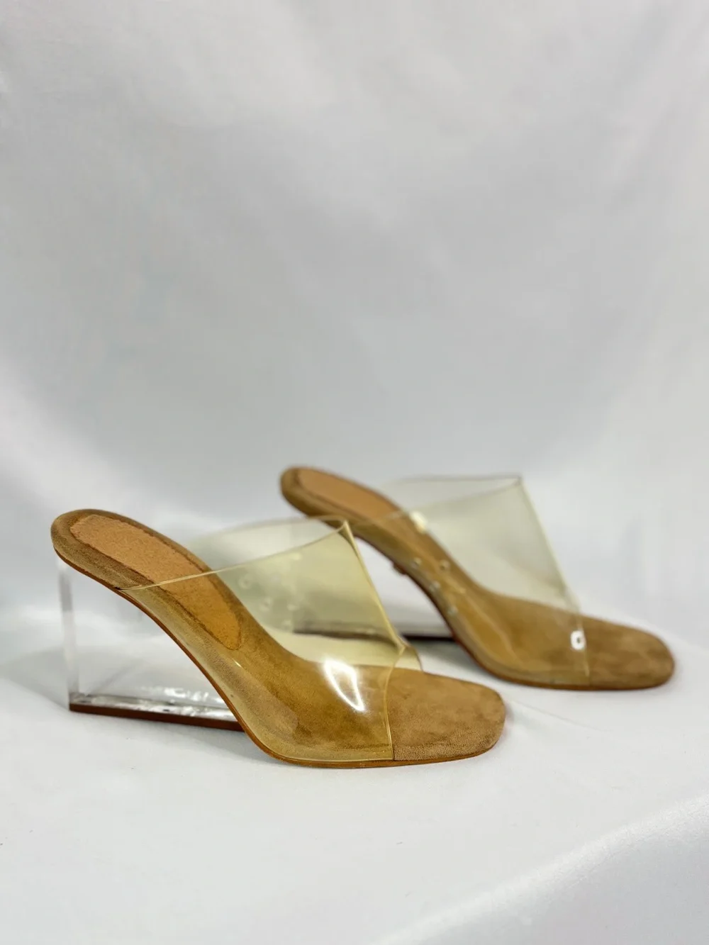 Jeffrey Campbell Clear Sculptural Wedge Slide Sandals‎ with Nude Footbed